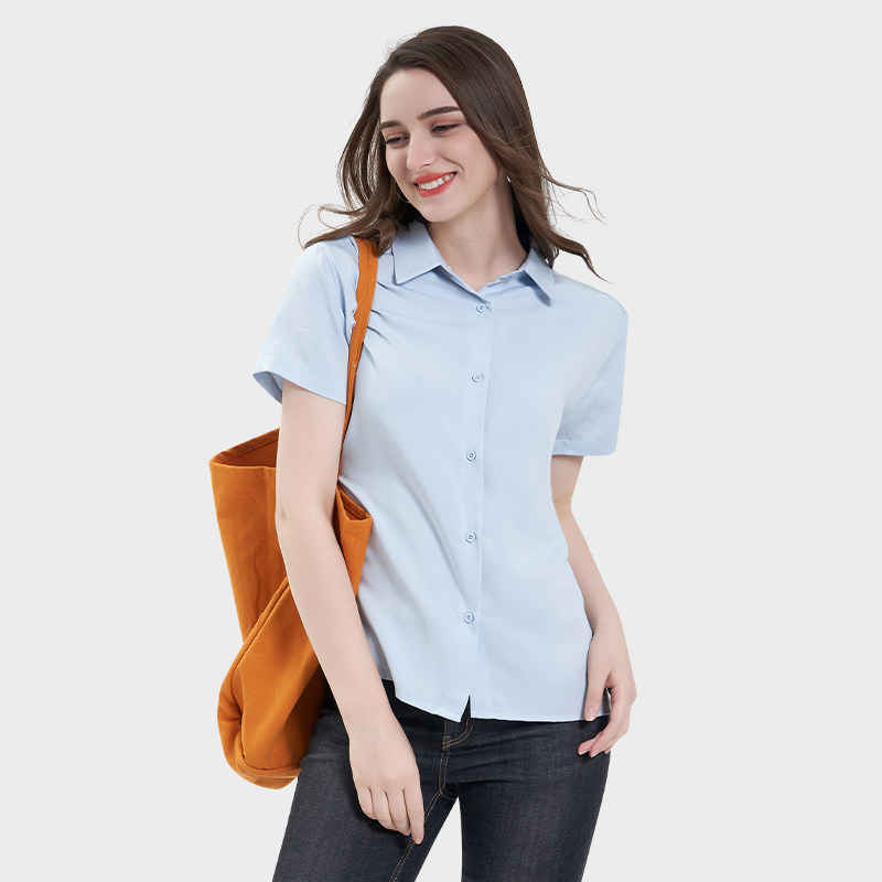 假日概念法式短袖雪纺衬衫女夏2023年新款Polo领白色女士开衫上衣