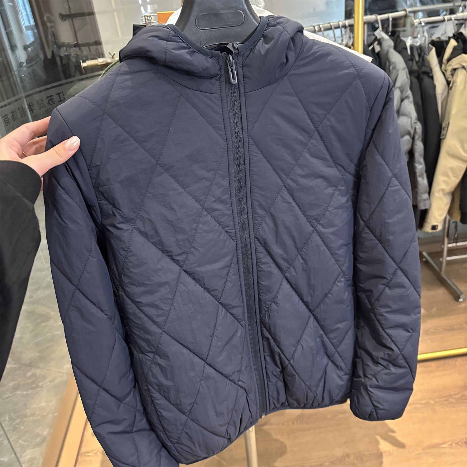 日系蚕丝棉暖绒菱形格连帽棉衣