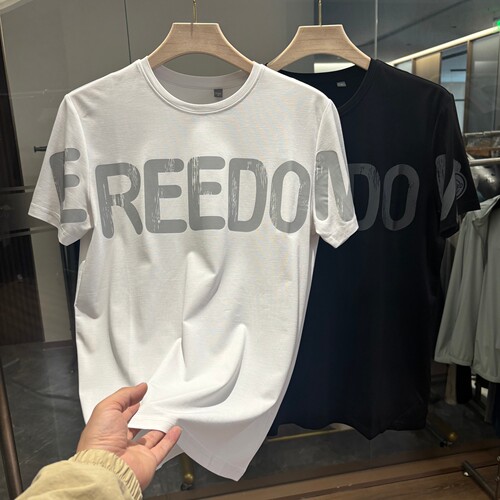 【豆家】凉感冰丝！时尚印花！夏季薄款男士简约百搭圆领短袖T恤