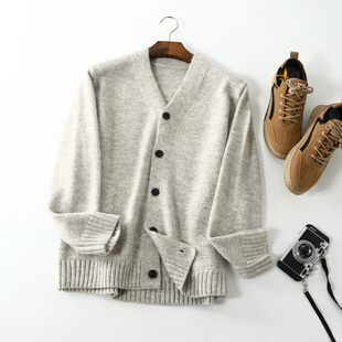 意式轻奢  马海毛羊毛 外贸尾单春秋V领针织开衫男士宽松毛衣外套