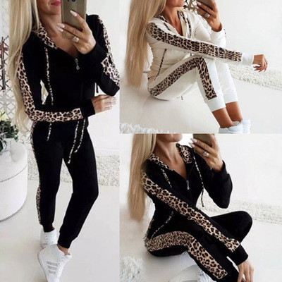 Leopard print long sleeved zipper sweatshirt and pants set