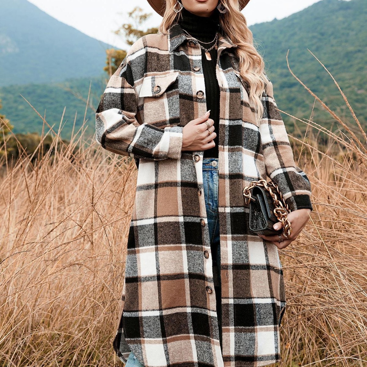 Women's trench coat, loose collared woolen plaid coat 外套