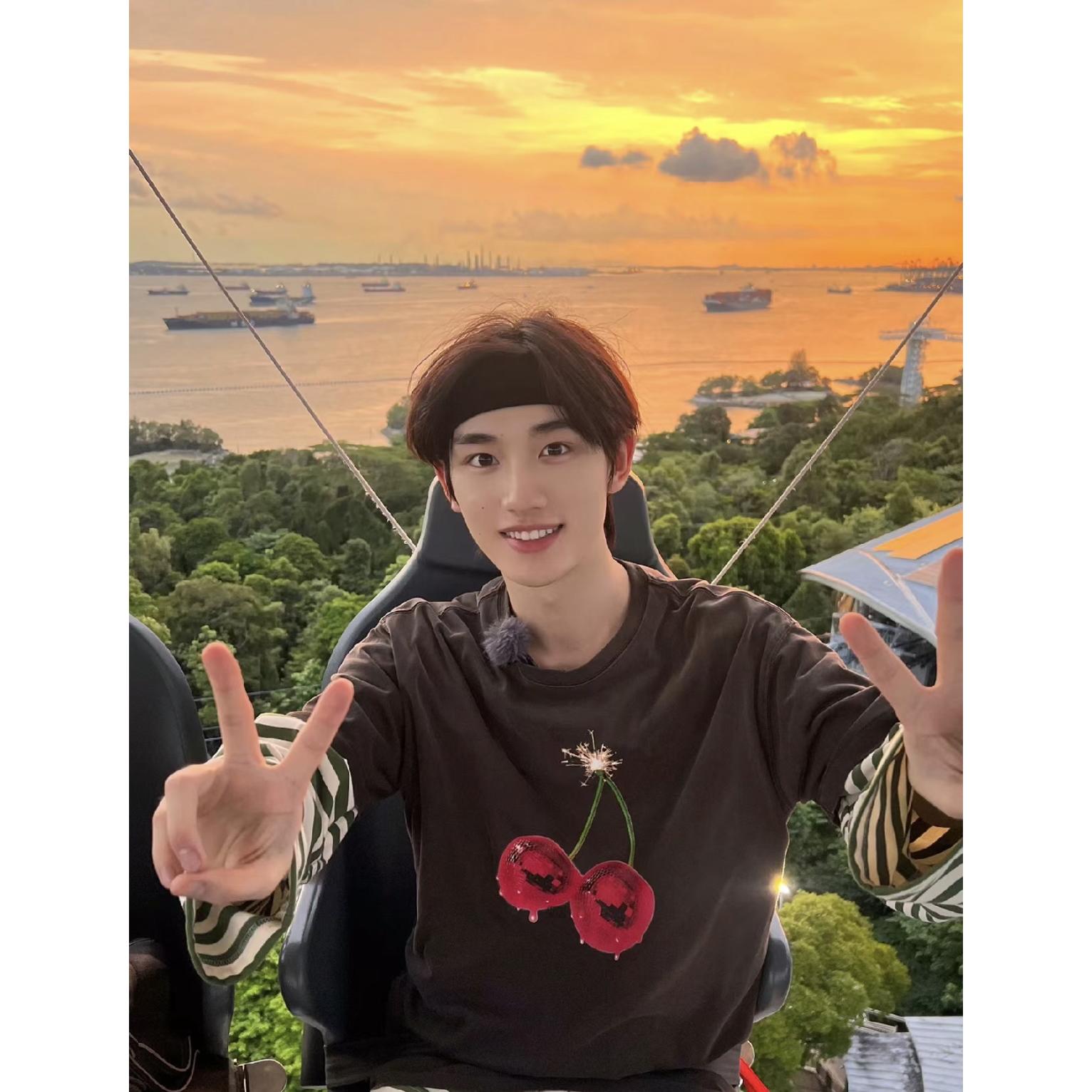 【丁程鑫同款】tfzyem美式复古水洗短袖樱桃印花t恤宽松情侣款