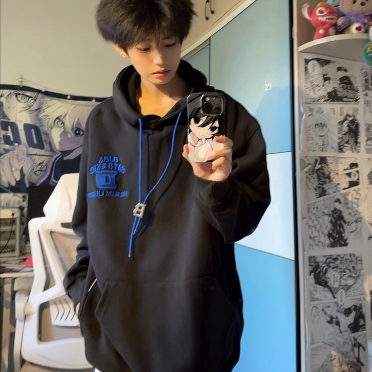 美式复古设计感帽绳连帽卫衣男春秋2025新款潮牌高街宽松休闲上衣