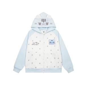 FOCK原创设计猫咪魔术贴满印星星连帽开衫卫衣外套女男情侣上衣萌