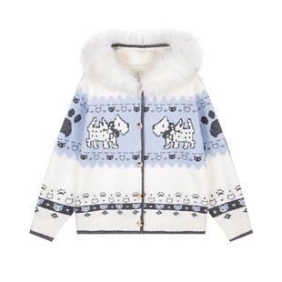 亿万少年BUFU原创美式复古毛领提花连帽针织开衫弗尔岛小狗毛衣女