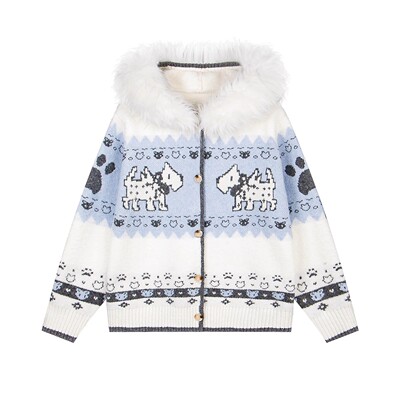 亿万少年BUFU原创美式复古毛领提花连帽针织开衫弗尔岛小狗毛衣女