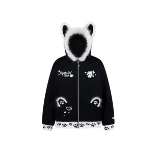 BKID 美式复古毛绒连帽卫衣男冬季加厚猫爪印花拉链外套潮