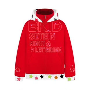 BKID 原创星星印花拼接连帽开衫卫衣女宽松拉链外套休闲上衣