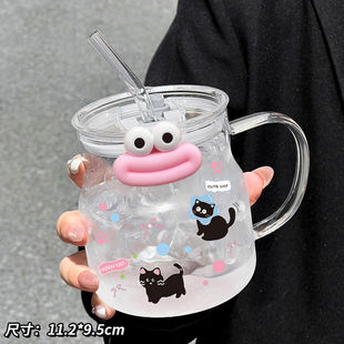 玻璃杯女生高颜值卡爱卡通小猫吸管杯家用女生水杯饮料喝水杯子