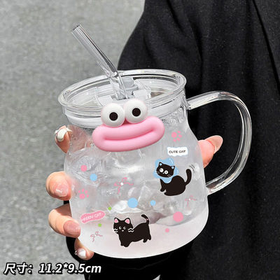 玻璃杯女生高颜值卡爱卡通小猫吸管杯家用女生水杯饮料喝水杯子