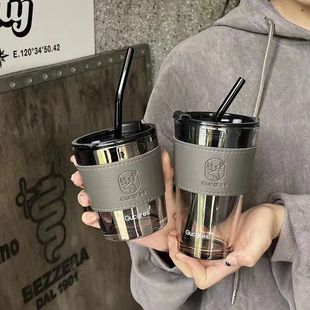 高颜值大容量ins吸管杯轻奢便携水杯学生女情侣大容量隔热玻璃杯