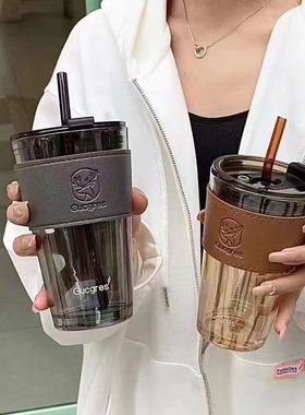玻璃杯吸管杯高颜值ins风水杯学生女情侣大容量隔热办公室咖啡杯