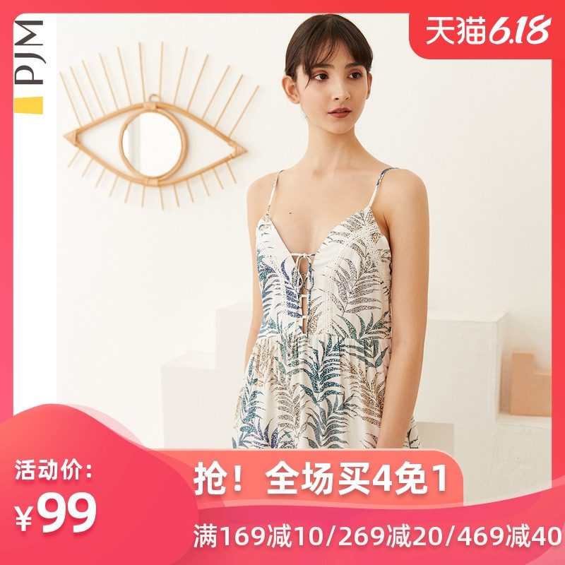PJM睡衣女夏薄款吊带性感绑带印花连体睡裙中长款过膝休闲家居服