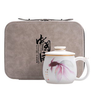 唐舍丹凤金鱼白瓷办公杯羊脂玉瓷茶杯带过滤泡茶杯办公家用便携包