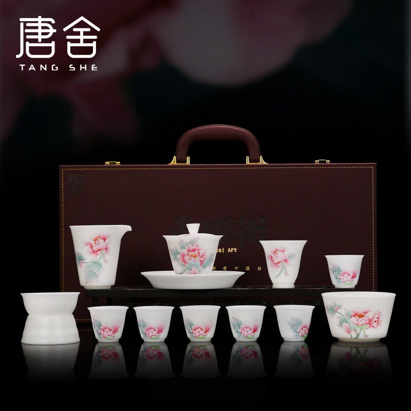 唐舍曾逸腾大师手绘功夫茶具德化白瓷套装国色天香商务礼品茶具礼