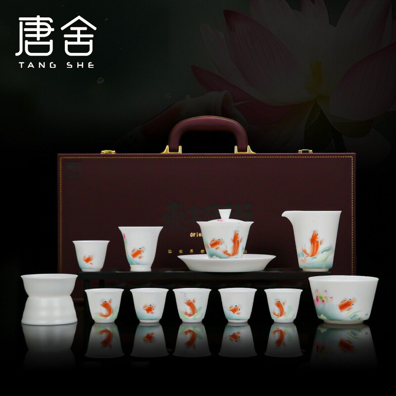 唐舍曾逸腾大师手绘德化白瓷陶瓷功夫茶具套装锦鲤戏莲商务礼品礼