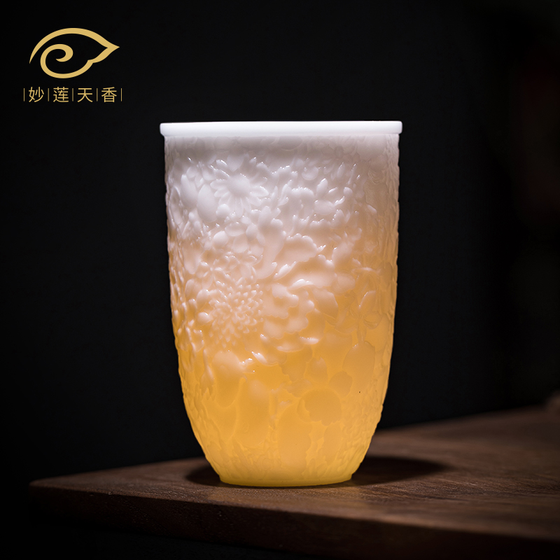 妙莲天香陈德根老师纯手工浮雕百花主人杯高端个人专用陶瓷喝茶杯