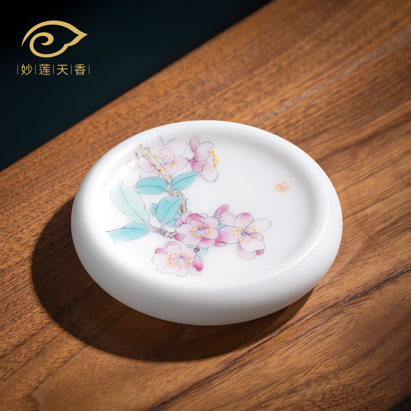 高端冰种玉瓷手绘海棠花盖置