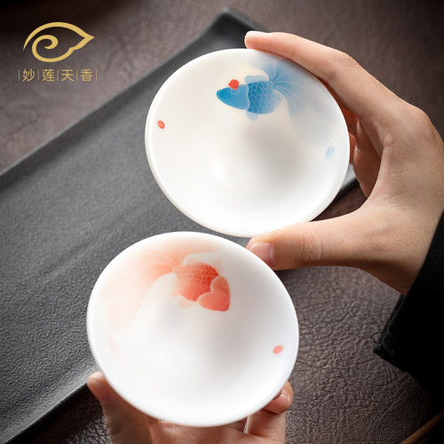 羊脂玉瓷手绘富余主人杯茶杯对杯