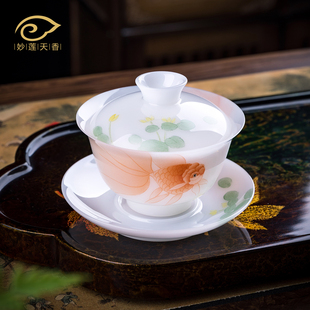 妙莲天香高端白瓷《鸿运当头》手绘三才盖碗家用陶瓷茶具茶碗送礼