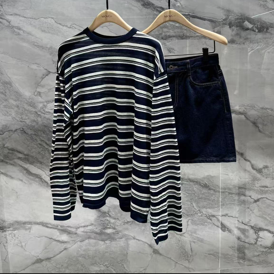 正品针织衫2025秋新品细支绵羊毛棉混纺条纹落肩T恤MBE3SWT014