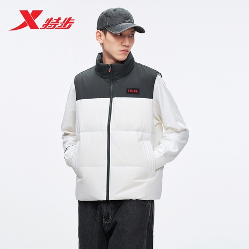 特步羽绒马甲男2025年冬季新款运动男装短款休闲上衣保暖防风外套