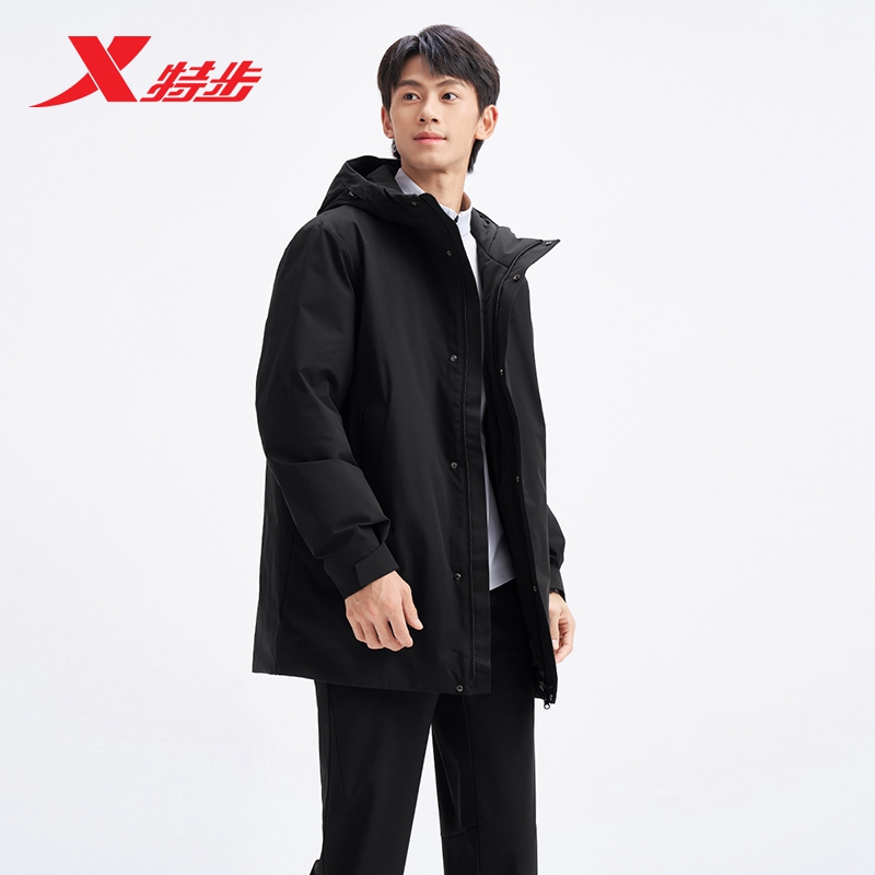 特步中长羽绒服男2025年冬季新款运动上衣保暖外套男975429640365