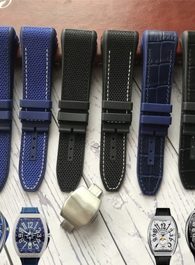 代用FM法兰克穆勒原装款真皮手表带法穆兰V45硅胶尼龙黑蓝色表链