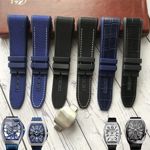 代用FM法兰克穆勒原装款真皮手表带法穆兰V45硅胶尼龙黑蓝色表链