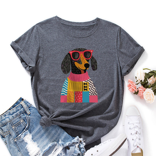 短袖 欧美女装 shirt纯棉宽松薄款 圆领t恤女卡通毛衣狗 Women