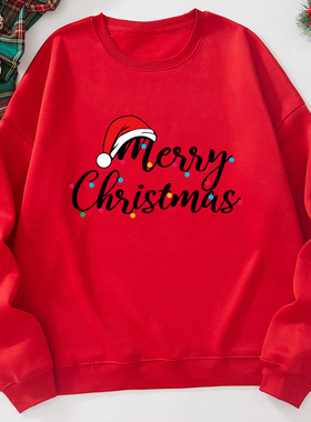 现货亚马逊外贸跨境欧美女装宽松圆领长袖加绒卫衣女外套圣诞快乐