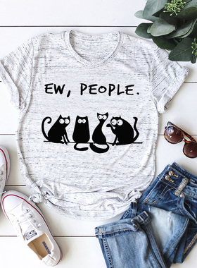 2020欧美女装亚马逊Women T-shirt Tee猫咪薄款宽松短袖T恤女上衣