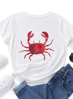 欧美女装Women T-shirt纯棉宽松薄款短袖圆领t恤女可爱螃蟹