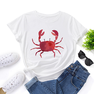 欧美女装Women T-shirt纯棉宽松薄款短袖圆领t恤女可爱螃蟹