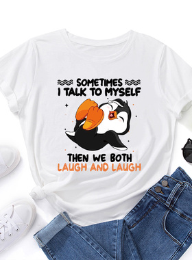 欧美女装Women T-shirt纯棉宽松薄款短袖圆领t恤女快乐企鹅字母