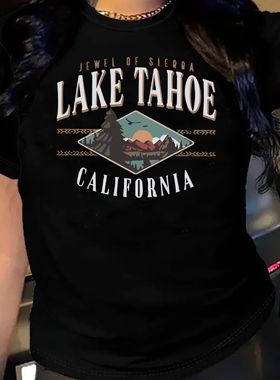 欧美女装Women T-shirt纯棉宽松薄款短袖圆领t恤女字母风景图