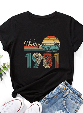 欧美女装Women T-shirt纯棉宽松薄款短袖圆领t恤女1981风景印花