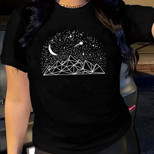 欧美女装Women T-shirt纯棉宽松薄款短袖圆领t恤女创意星空山脉