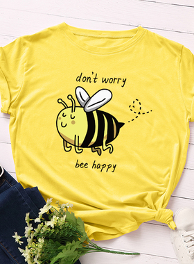 亚马逊跨境欧美女装蜜蜂be happy宽松圆领 纯棉短袖t恤女上衣