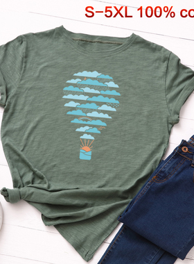 宽松夏季薄款绿色印花大码学生短袖t恤女潮ins女欧货大版打底衫女