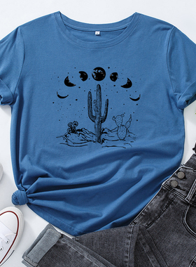 欧美女装Women T-shirt宽松薄款月亮仙人掌短袖t恤女