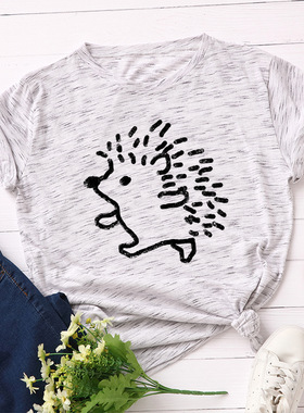 纯棉亚马逊现货外贸跨境欧美女装宽松圆领短袖t恤女 可爱刺猬印花