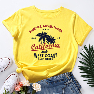 欧美女装Women T-shirt纯棉字母椰子树宽松薄款短袖圆领t恤女