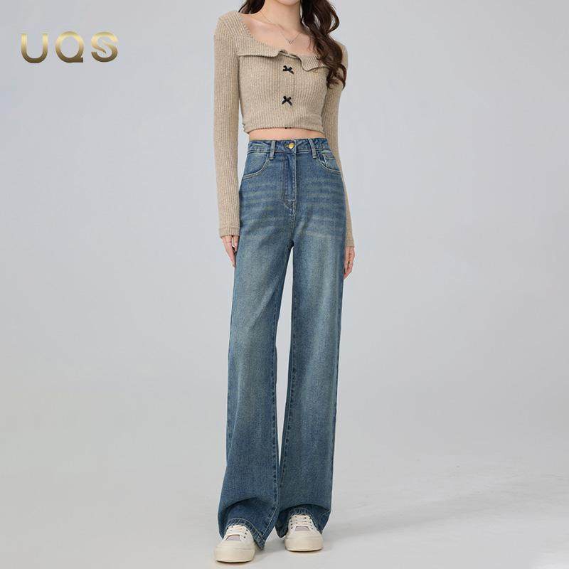 UQS小个子复古蓝阔腿牛仔裤2025年秋季新款时尚通勤百搭直筒裤子,女装/女士精品,牛仔裤,淘宝优惠券,粉丝福利购,淘宝优惠卷