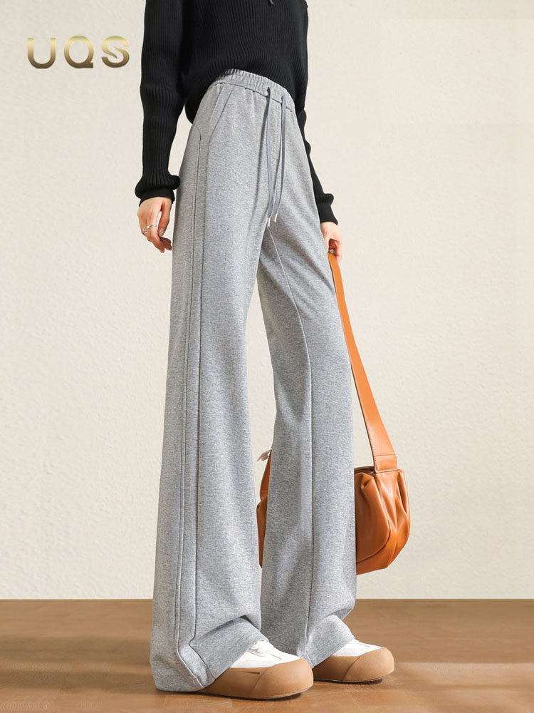 UQS灰色休闲微喇裤女秋季2025年新款松紧腰抽绳垂感显瘦运动卫裤,女装/女士精品,休闲裤,淘宝优惠券,粉丝福利购,淘宝优惠卷