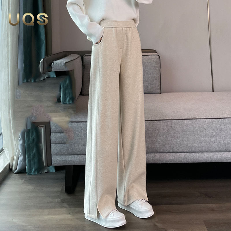 UQS杏色毛呢休闲阔腿裤女秋季新款2025设计感开叉宽松显瘦直筒裤