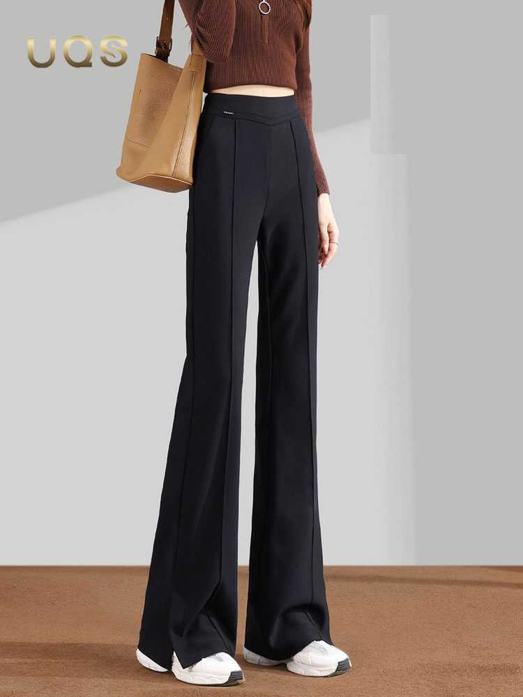 UQS小个子黑色微喇休闲裤女秋季2025年时尚修身开叉显瘦西装裤