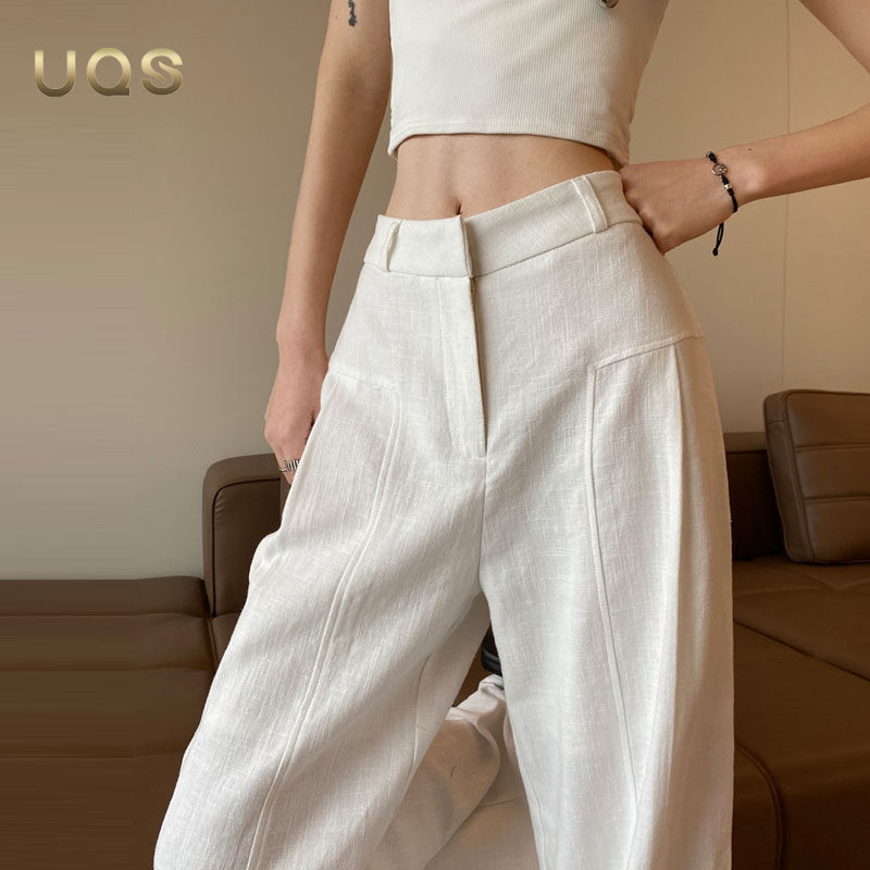 UQS白色棉麻休闲宽裤女夏季薄款2025年简约百搭垂感显瘦加长裤