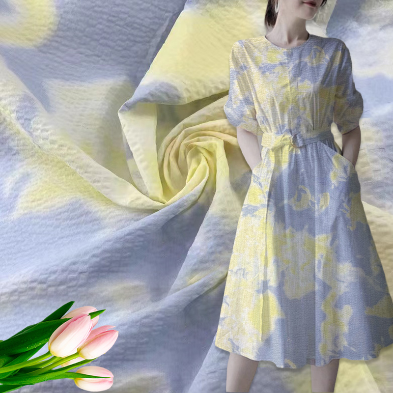 全棉盐缩泡泡衬衫连衣裙碎花布料